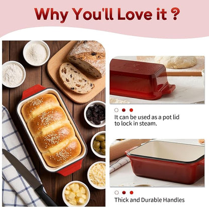 Enameled Cast Iron Dutch Oven for Sourdough Bread Baking, 9×5 Dutch Oven Pot with Lid, 2 in 1 Bread Pans with Lid for Baking, Roasting & Braising, Easy Release, Oven & Induction Safe (4.2 QT,Red)