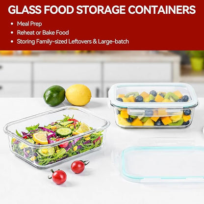 GEHE 2 Pack 52oz Large Glass Food Storage Containers with Lids, Meal Prep Container, Glass Storage Containers with Airtight Lids for Baking, Storing, Microwave/Freezer/Dishwasher Safe, BPA Free