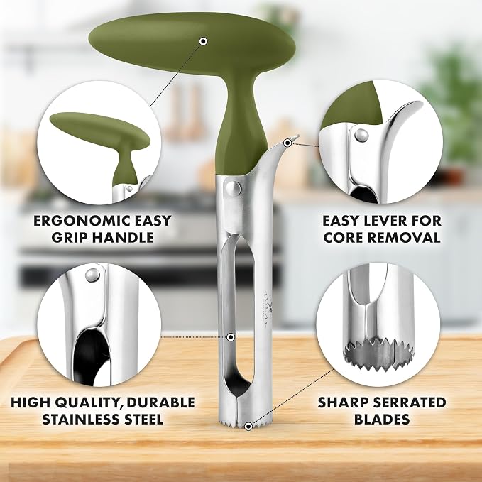 Zulay Kitchen Ultra Sharp Apple Corer Tool - Stainless Steel, Sharp & Serrated Blade Cores in Seconds - Easy to Use & Clean, Durable Apple Core Remover for Apples & Small Fruits - Olive Green