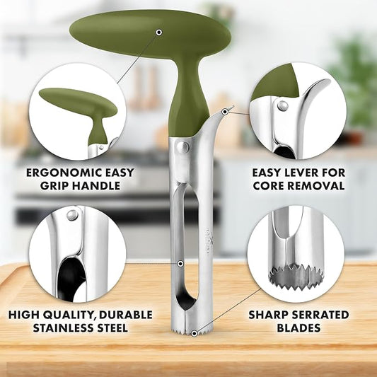 Zulay Kitchen Ultra Sharp Apple Corer Tool - Stainless Steel, Sharp & Serrated Blade Cores in Seconds - Easy to Use & Clean, Durable Apple Core Remover for Apples & Small Fruits - Olive Green