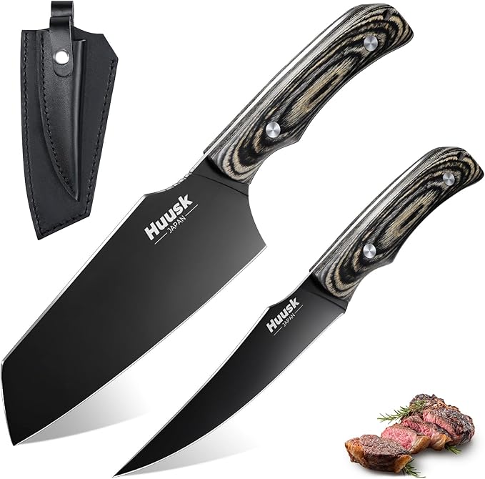 Huusk Butcher Knife Set 2PC-Sharp Meat Cleaver Full Tang Boning Knife with Leather Sheath Titanium Plated Kitchen Chef Knives for Outdoor Camping Thanksgiving Christmas Black