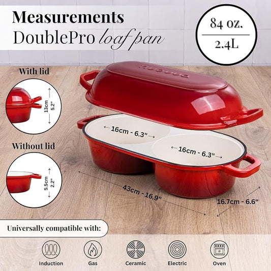 Dutch Oven For Sourdough Bread Baking – Enamelled Cast Iron Bread Loaf Pot – 500°F Oven Safe Non Stick Bread Pot – Double Round Loaf Space, 16.5cm Diameter, Red, – by Nuovva