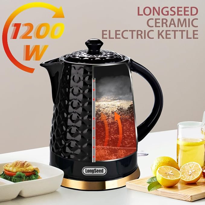 Ceramic Electric Kettle, 1.5L/1200W Boil Water Quickly and Easily with Boil-Dry Protection Auto Shut Off, Detachable Swivel Base, Black Relief Carving