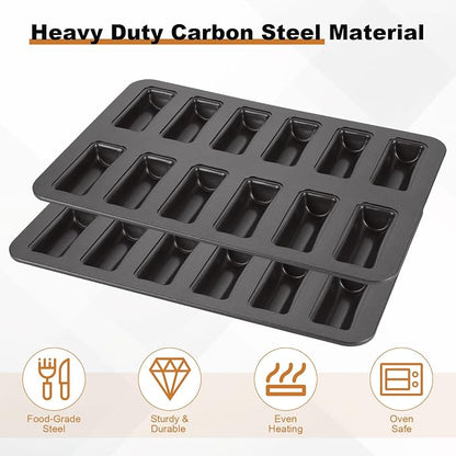 2 Pack Financier Cake Baking Pan, 12-Cavity Non-Stick Rectangle Muffin Pan, Carbon Steel Financier Cake Mold, Biscuits Cookies Bakeware for Oven Baking – Black