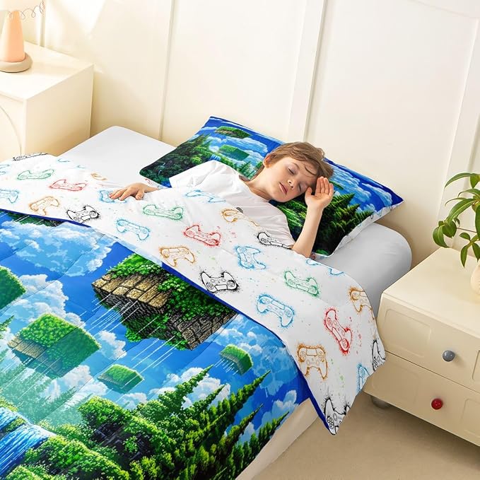 Manfei Pixelated Games Full Size Comforter Set,Pixel Grid Gamepad Bedding Comforters Bedroom Collection,Abstract Geometric Duvet Insert,Army Camo Room Decor 3 Pcs Bedding Set for Girls Teens