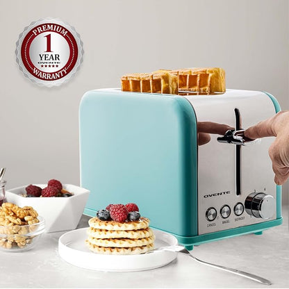 OVENTE 2-Slice Electric Toaster, 825W with 6 Browning Settings, Bagel, Defrost, Cancel Functions, Extra-Wide Slots, Stainless Steel Retro Countertop Toaster, Turquoise TS2450T