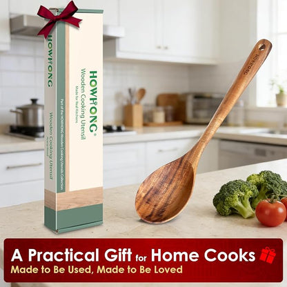 HOWHONG Wooden Cooking Spoon, Long Handle Acacia Wood Spoon for Cooking, Deep Solid Spoon for Soup, Sauce and Stirring, Smooth Finish, Nonstick Cookware Safe, Bare Wood Feel for Daily Kitchen Use