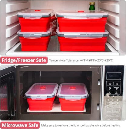 Collapsible Food Storage Containers with Airtight Lid & Air Vent, 40.5 oz, Kitchen Stacking Silicone Collapsible Meal Prep Container Set for Leftover, Microwave Freezer Dishwasher Safe, Red, Set of 4