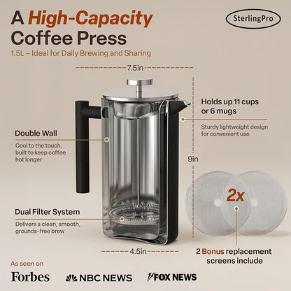 SterlingPro Large Insulated Stainless Steel French Press Coffee Maker 51oz – Insulated Metal Big Double Wall Coffee Maker | Plastic Free | Cool-Touch | Black Finish | Makes up to 11 cups / 6 mugs