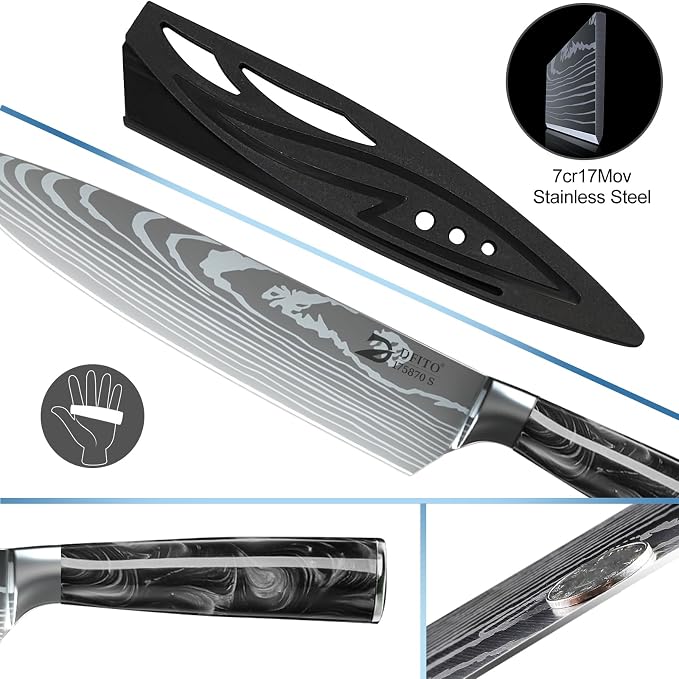 Dfito Chef Knife Sets with Roll Bag, 9 Pieces Professional Knife Set with Sharpener, High Carbon Stainless Steel Kitchen Chef Knife Set, Black Resin Handle, Dishwasher Safe