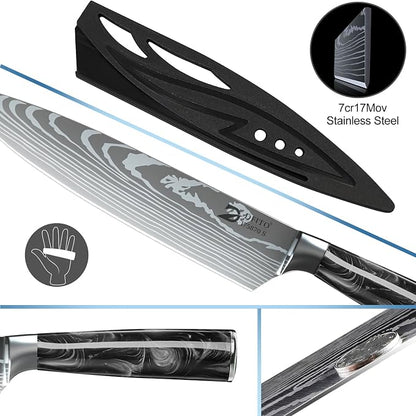 Dfito Chef Knife Sets with Roll Bag, 9 Pieces Professional Knife Set with Sharpener, High Carbon Stainless Steel Kitchen Chef Knife Set, Black Resin Handle, Dishwasher Safe