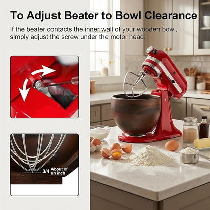 GVODE Premium Wooden Bowl for KitchenAid Mixer, Perfect Compatible with 4.5-5 Quart Tilt-Head Models (K45 KSM75 KSM150 KSM175), Natural Handcrafted Wooden Bowl with Stainless Steel Locking Base