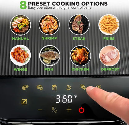 Nutrichef 5.8 Quart Air Fryer | 8-in-1 Preset Cook Modes| Transparent Fry Bowl for Best Cooking Results | Cook Shrimp, Steak, Fries, Wings, Chicken & More | Precise Temperature Control & Time | White