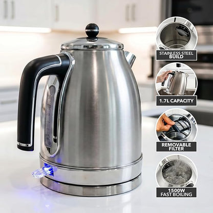 OVENTE 1.7L Electric Kettle, 1500W Fast Boiling Water Heater for Coffee or Tea with Stainless Steel BPA-Free and Cordless Body, Auto Shut-Off, Boil-Dry Protection and Removable Filter, Silver KS777S