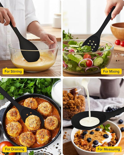 Pack of 2 Silicone Cooking Spoons, Non Stick Solid Kitchen Spoon with Measuring Marks & Back Hooks, Heat Resistant Silicone Slotted Spoon for Cooking, Mixing, Stirring,Serving (BLACK)