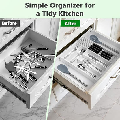 9-Piece Bamboo Kitchen Drawer Organizer Set, Expandable Silverware &Utensil Organizer with Removable Knife Block & Steak Knives, Flatware Organization, Tableware Dividers Storage(White)