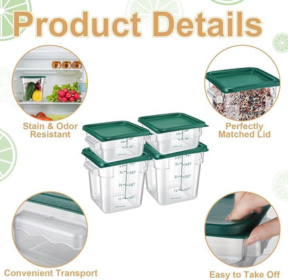 Barydat 4 Pcs Square Food Storage Containers with Lids Measurement Scales, 2qt & 4qt Clear Plastic Stackable Containers for Dough Proofing Baking Kitchen Restaurant and Pantry Organization(Green)