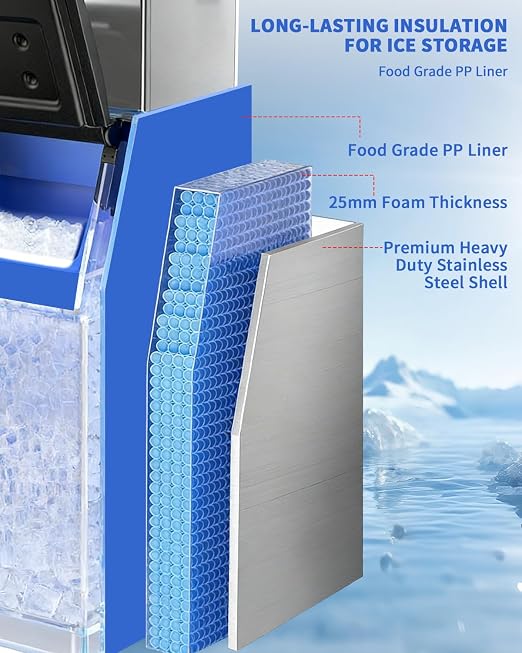 Commercial Ice Maker Storage Bin, 350lbs Capacity Ice-Bin, Stainless Steel Commercial Ice Storage Bin Filled with Foam Layer, Keep Frozen Over 12 Hours Suitable for Beverage Shops and Restaurant Hotel