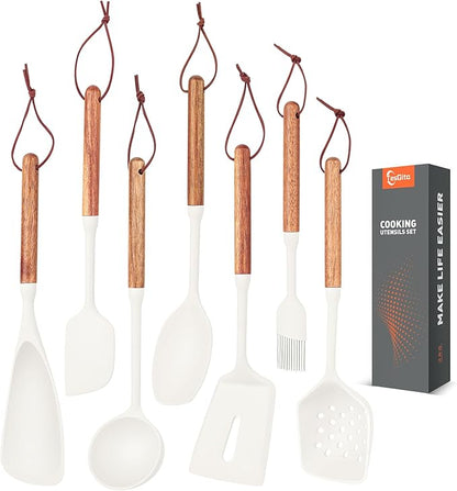 Silicone Cooking Utensils Set of 7 Pack, Wood Handle Heat-Resistant Kitchen Utensils, Non-Stick Cookware Safe - Include Spatula, Spoon, Ladle, Bowl Scraper, Basting Brush for Cooking, Baking (White)
