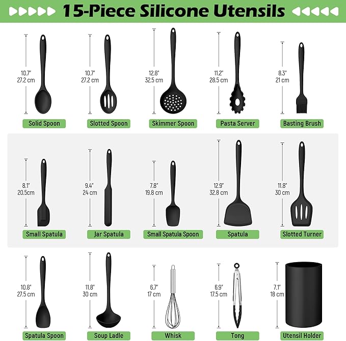 Homikit Silicone Cooking Utensil Set, 15pcs Kitchen Utensils with Holder for Nonstick Cookware, Heat Resistant Nontoxic Silicone Spatula Set Dishwasher Safe Kitchen Tools for Baking-Black