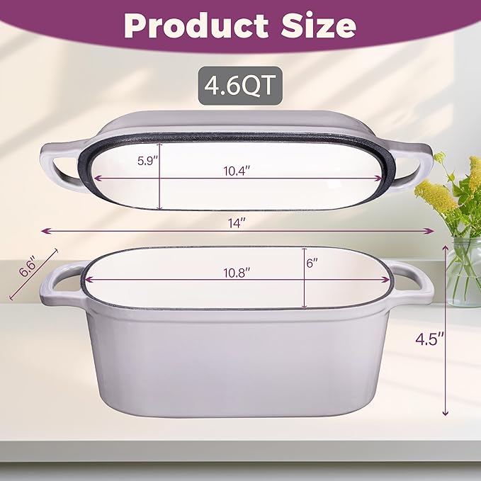 4.6-Quart Oval Dutch Oven for Bread Baking, 2 in 1 Cast Iron Bread Pan with Lid, Sourdough Baking Pan for a Crispy Crust, Oyster Grey