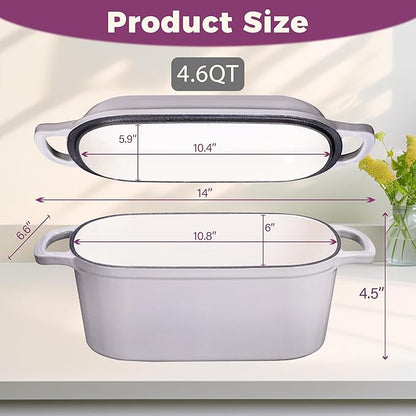 4.6-Quart Oval Dutch Oven for Bread Baking, 2 in 1 Cast Iron Bread Pan with Lid, Sourdough Baking Pan for a Crispy Crust, Oyster Grey