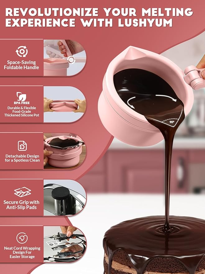 LUSHYUM Chocolate Melting Pot Candy Melts Melter with 2 Insert Pots and Spatula, 4 Cups Capacity Warmer Machine, Ideal Dipping Tool Kitchen Supplies for Making Cake Pop Covered Strawberries Fondue