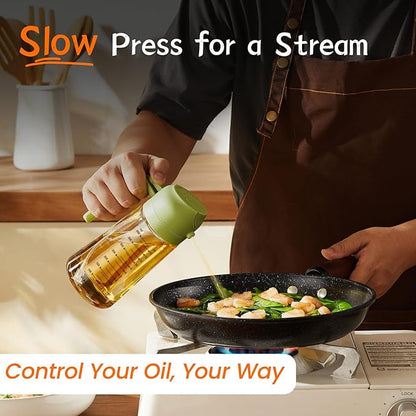 TrendPlain 16oz/470ml Glass Olive Oil Sprayer for Cooking – 2 in 1 Olive Oil Dispenser Bottle for Kitchen Gadgets and Air Fryer Accessories, Salad, BBQ - Black & Green
