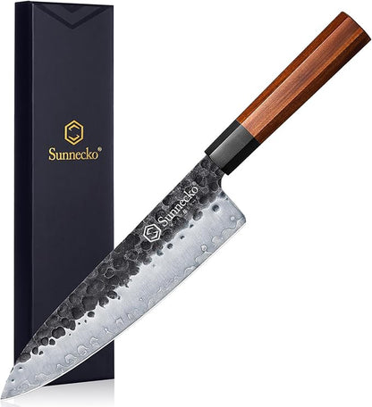 Sunnecko 8 Inch Chef Knife Japanese Kitchen Knife Sharp, Chefs Knife Carbon Steel 3-Layered 9CR18MOV, Rosewood Handle Gift Box