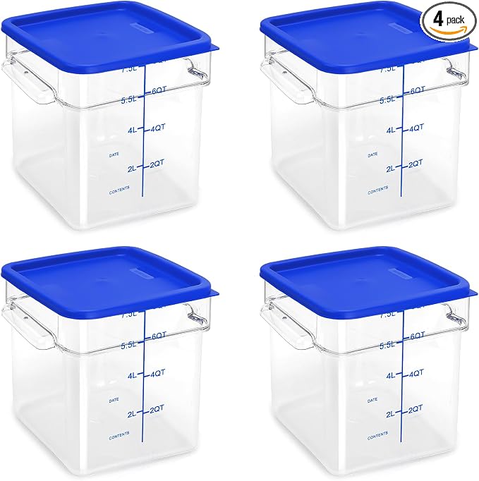 4 Pack Food Storage Containers with Blue Lids, 8.0 Qt - Square, Clear, Polycarbonate, for Restaurant Commercial Kitchen and Home party