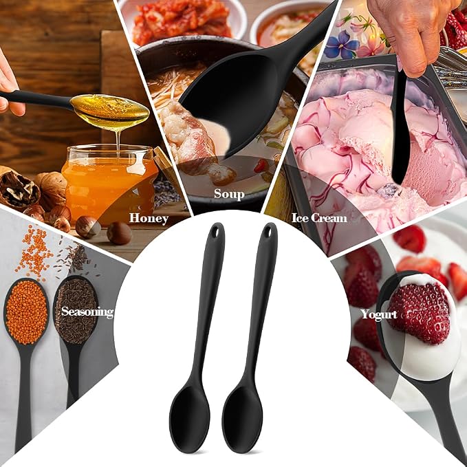 Silicone Spoons for Cooking, 2 Pcs Black Large Serving Spoon Heat Resistant Cooking Spoon Utensils Nonstick Mixing Kitchen Spoons for Cooking, Baking, Serving, Mixing and Stirring, Dishwasher Safe