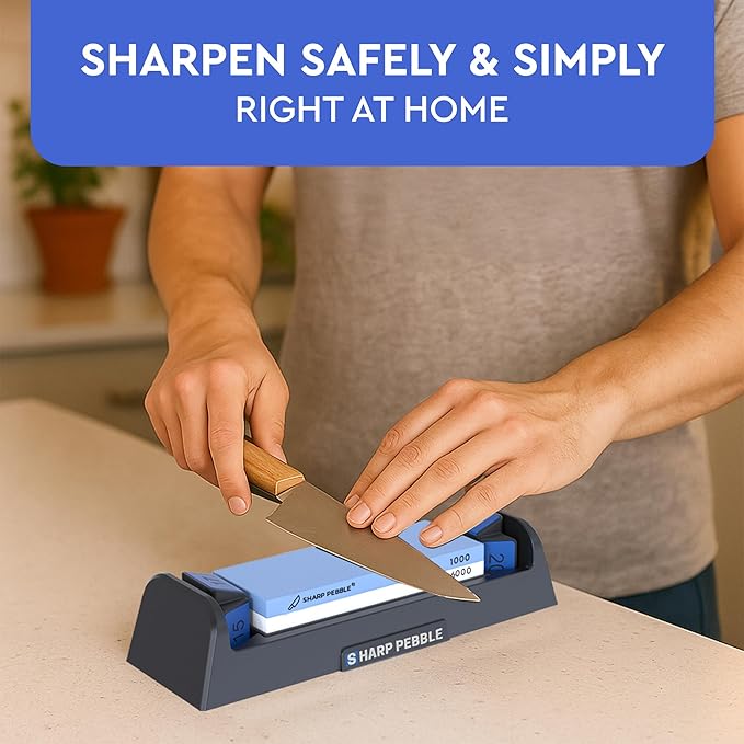 Sharp Pebble Complete Whetstone Knife Sharpening System – 1000/6000 Grit Wet Stone Sharpener Kit with Built-In Angle Guides (15°/17°/20°/22°) – Beginner-Friendly