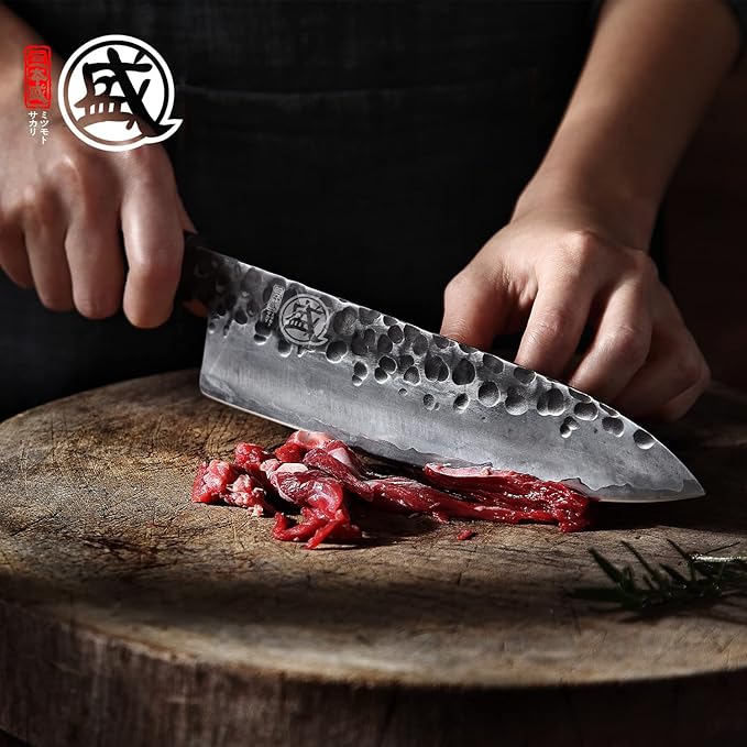 MITSUMOTO SAKARI 8 Inch Japanese Gyuto Chef Knife | Hand forged, 3-layer 9Cr18MoV steel, rosewood handle, sandalwood box, for meat, fish and vegetables