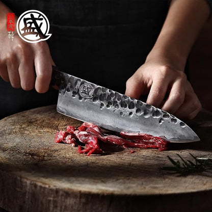 MITSUMOTO SAKARI 8 Inch Japanese Gyuto Chef Knife | Hand forged, 3-layer 9Cr18MoV steel, rosewood handle, sandalwood box, for meat, fish and vegetables