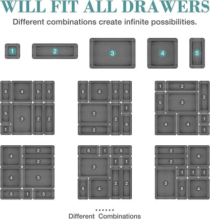 StorMiracle 13 PCS Drawer Organizer Set, 5 Varied Size Bathroom and kitchen Drawer cabinet organizer Trays, Clear Storage Bins for Makeup, Jewelry, Utensils and Gadgets, Black