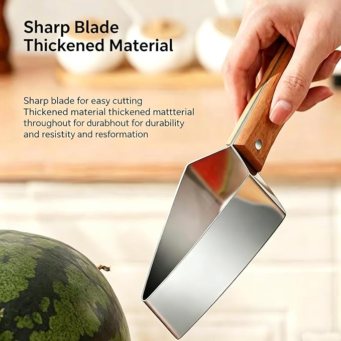 2PCS Stainless Steel Watermelon Cutter, Triangle Fruit Slicer with Wooden Handle, Melon Divider Tool for Watermelon, Cantaloupe and Honeydew, Kitchen Gadget for Picnic and BBQ