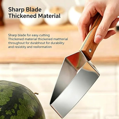 2PCS Stainless Steel Watermelon Cutter, Triangle Fruit Slicer with Wooden Handle, Melon Divider Tool for Watermelon, Cantaloupe and Honeydew, Kitchen Gadget for Picnic and BBQ