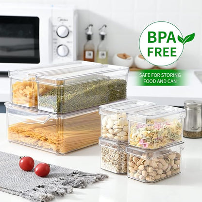 Pure Future 10-Pack Clear Fridge Organizer Containers with Lids, Stackable BPA-Free Refrigerator & Produce Storage Containers with Drain Tray & Anti-Slip Base for Fruits, Veggies & Drinks