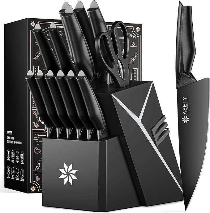 Kitchen Knife Sets with Block -15 PCS Knife Set with Bulti-in Sharpener, Dishwasher Safe, Stainless Steel Kitchen Knife with Ergonomic Handles, Sharp knives for Men and Women,Fathers day, Black