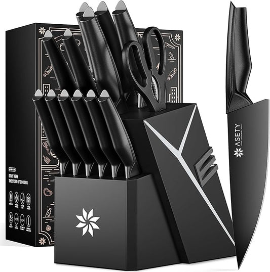 Kitchen Knife Sets with Block -15 PCS Knife Set with Bulti-in Sharpener, Dishwasher Safe, Stainless Steel Kitchen Knife with Ergonomic Handles, Sharp knives for Men and Women,Fathers day, Black