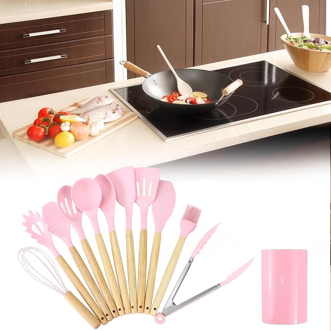 QWORK 12-Piece Pink Kitchen Tool Set - Includes Silicone Cooking Utensils, Whisk and Ladle, Tool Crock