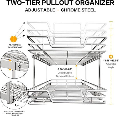 2-Tier Kitchen Cabinet Pull Out Shelf and Drawer Organizer Slide Out Pantry Storaqe Basket in Multiple Sizes (16" W x 21" D)