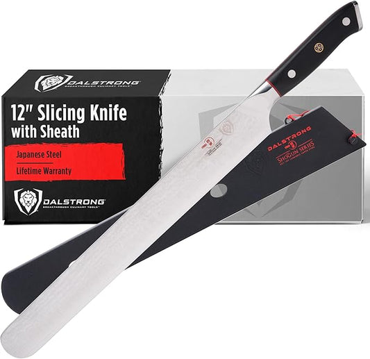 Dalstrong Carving Slicing Knife - 12 inch - Shogun Series ELITE - Granton Edge - Japanese AUS-10V Super Steel Kitchen Knife - Damascus - Vacuum Treated - Slicer Kitchen Knife - Sheath Included
