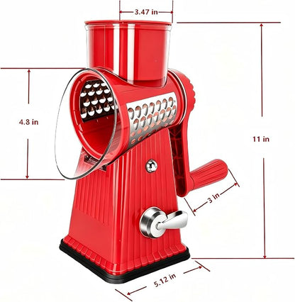 Rotary Cheese Grater with 5 Well-designed Blades & Strong Suction Base, Kitchen Mandoline Vegetable Slicer with Blade Storage Box (RED)