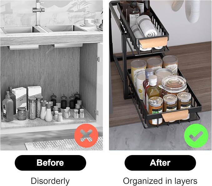 2-Tier Sliding Under Sink Organizer, L-shape Pull Out Cabinet Organizers, Multi-purpose Sink Storage Shelves, Metal Mesh Drawer Organizer for Bathroom Kitchen (Black, Pull-Up & Down Style)