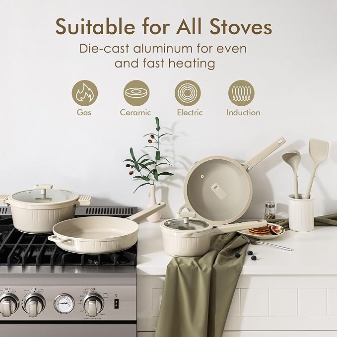 SENSARTE 14 Pcs Pots and Pans Set Nonstick, Non toxic Ceramic Cookware Set with Nanoscale Dense Coating, High Heat Resistant Induction Cookware, Healthy Kitchen Cooking Set, PFOA/PFAS/PTFE Free