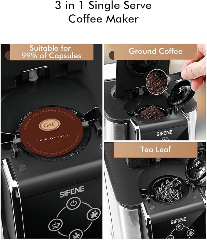 SIFENE Quick Brew Single Serve Coffee Maker, Versatile 3-in-1 Design for Coffee Pods, Ground Coffee, & Loose Tea, Adjustable 6-12oz Cup Sizes, Large 50oz Removable Water Tank, 1150W, Compact, Black