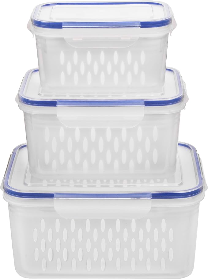 Fruit and Vegetable Storage Containers for Fridge, 6 Pcs/3 Sets Keep Fresh Produce Saver Containers Keeper, Food Storage Containers with Removable Colander (blue)