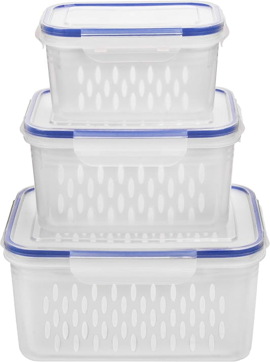 Fruit and Vegetable Storage Containers for Fridge, 6 Pcs/3 Sets Keep Fresh Produce Saver Containers Keeper, Food Storage Containers with Removable Colander (blue)