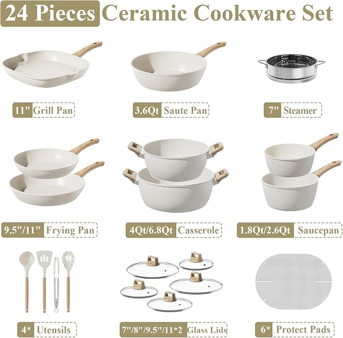 Bazova 24-Piece Pots and Pans Set Non Stick, Ceramic Cookware Set, Titanium-Reinforced Long-Lasting Nonstick,Non Toxic PFAS-Free, Induction Compatible, Complete Kitchen Cookware Set for Daily Cooking